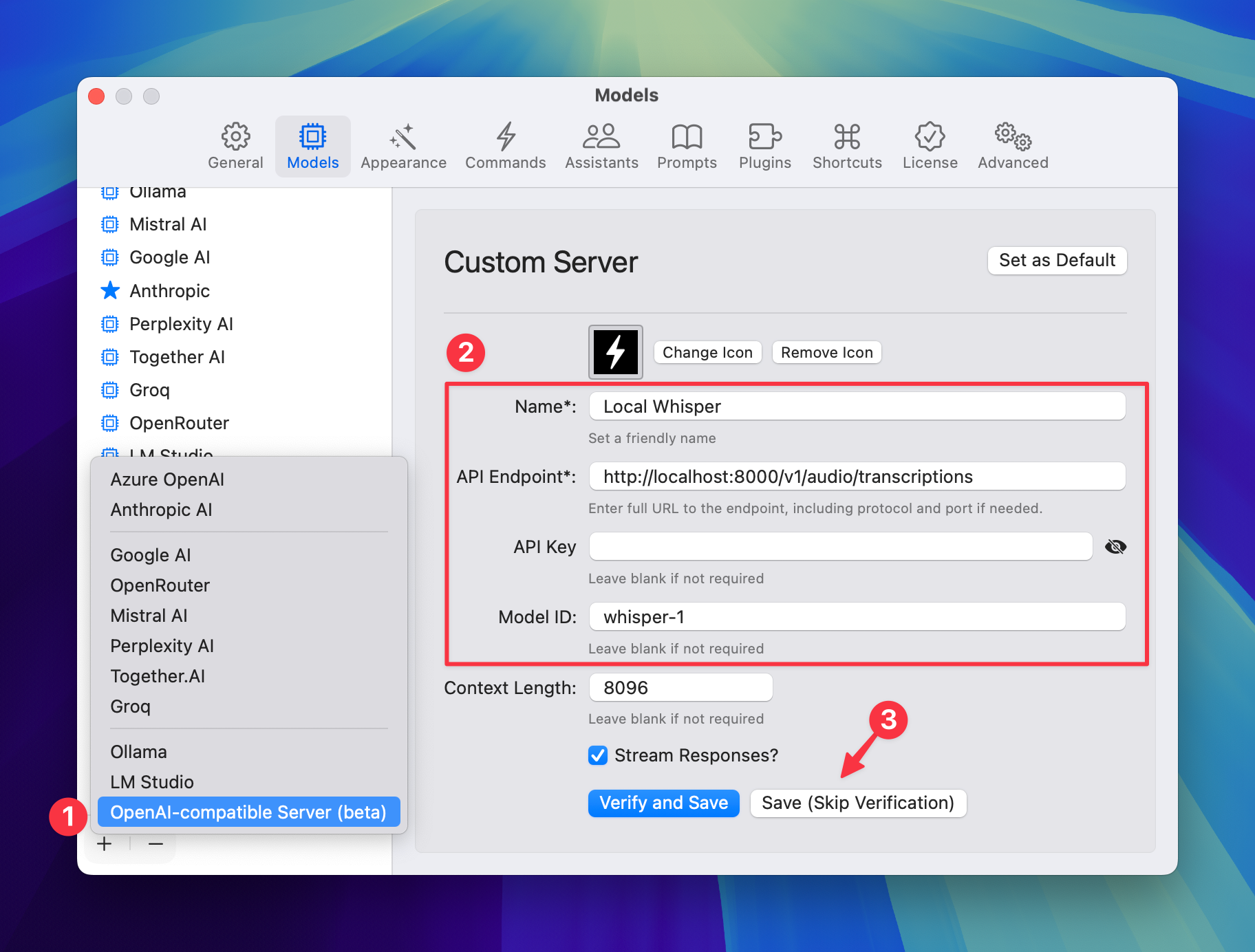 How to use local Whisper instance in BoltAI